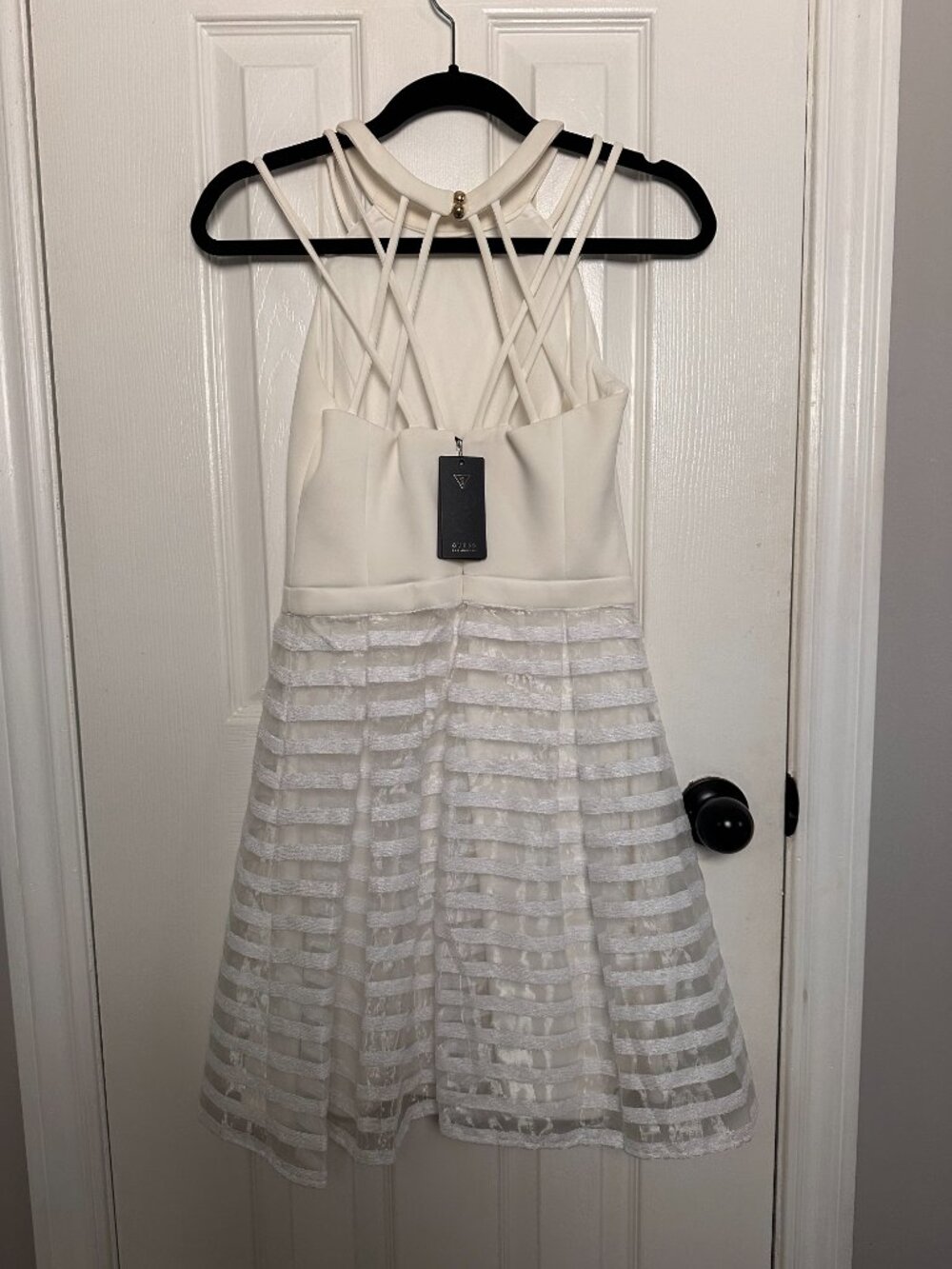 White Halter Guess Neck Dress with Striped Mesh Skirt. - Picture 2 of 3